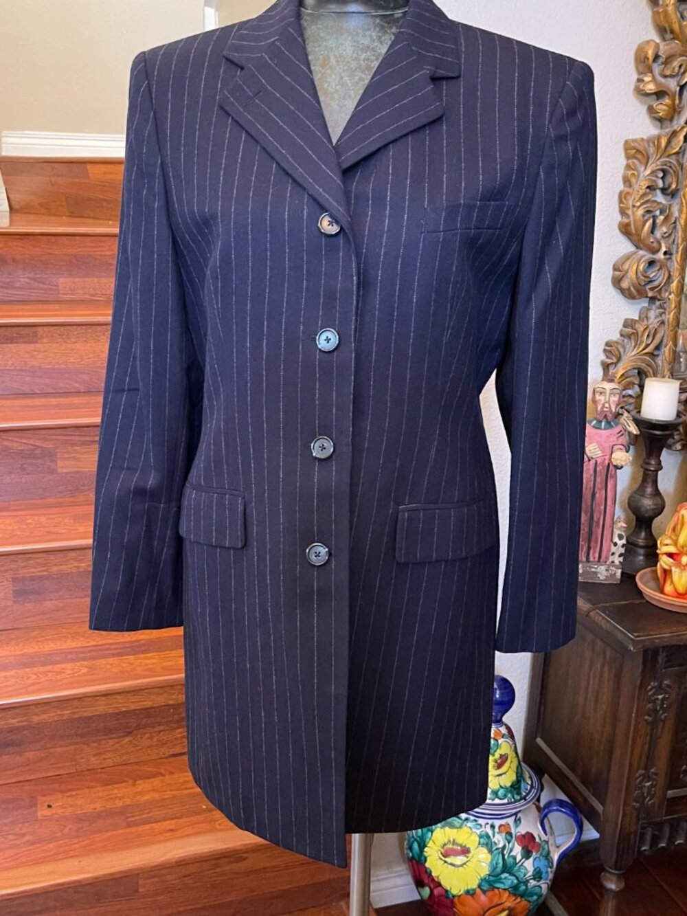 VTG Ralph Lauren Women's Navy Pinstripe Wool Long Blazer Jacket 14 Made in USA